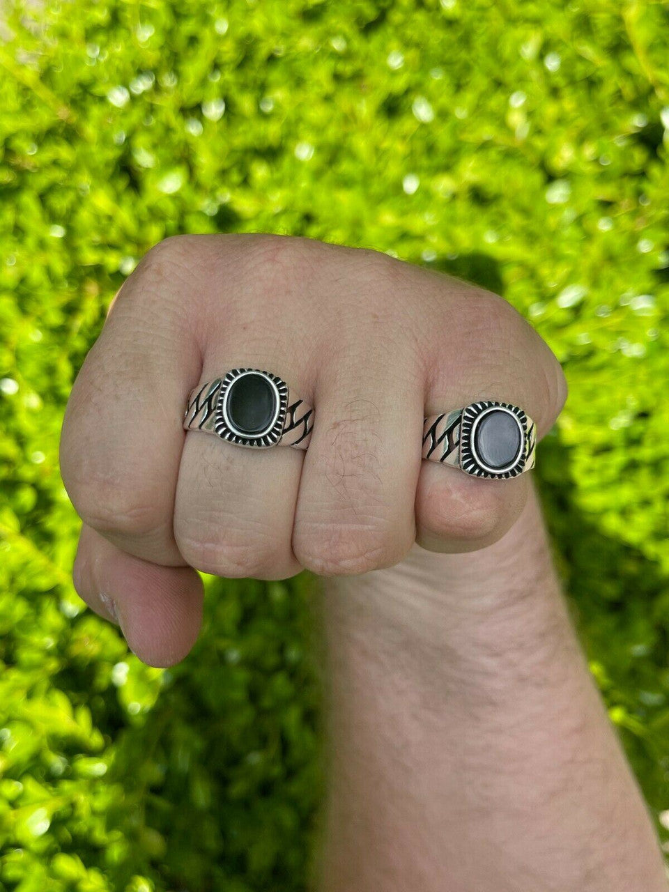 HarlemBling Mens Plain Real 925 Sterling Silver Black Onyx Stone Ring Miami Cuban Link Band