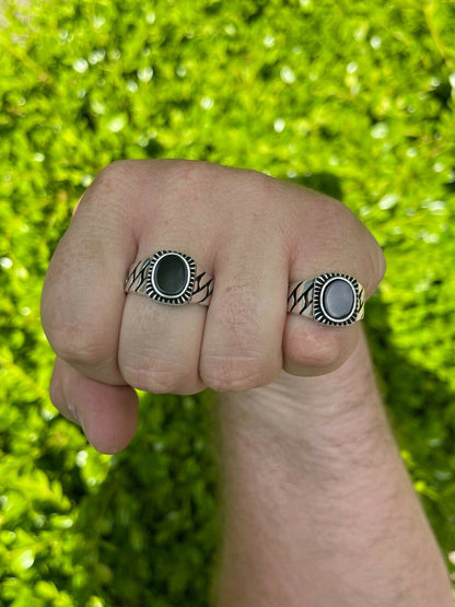 HarlemBling Mens Plain Real 925 Sterling Silver Black Onyx Stone Ring Miami Cuban Link Band