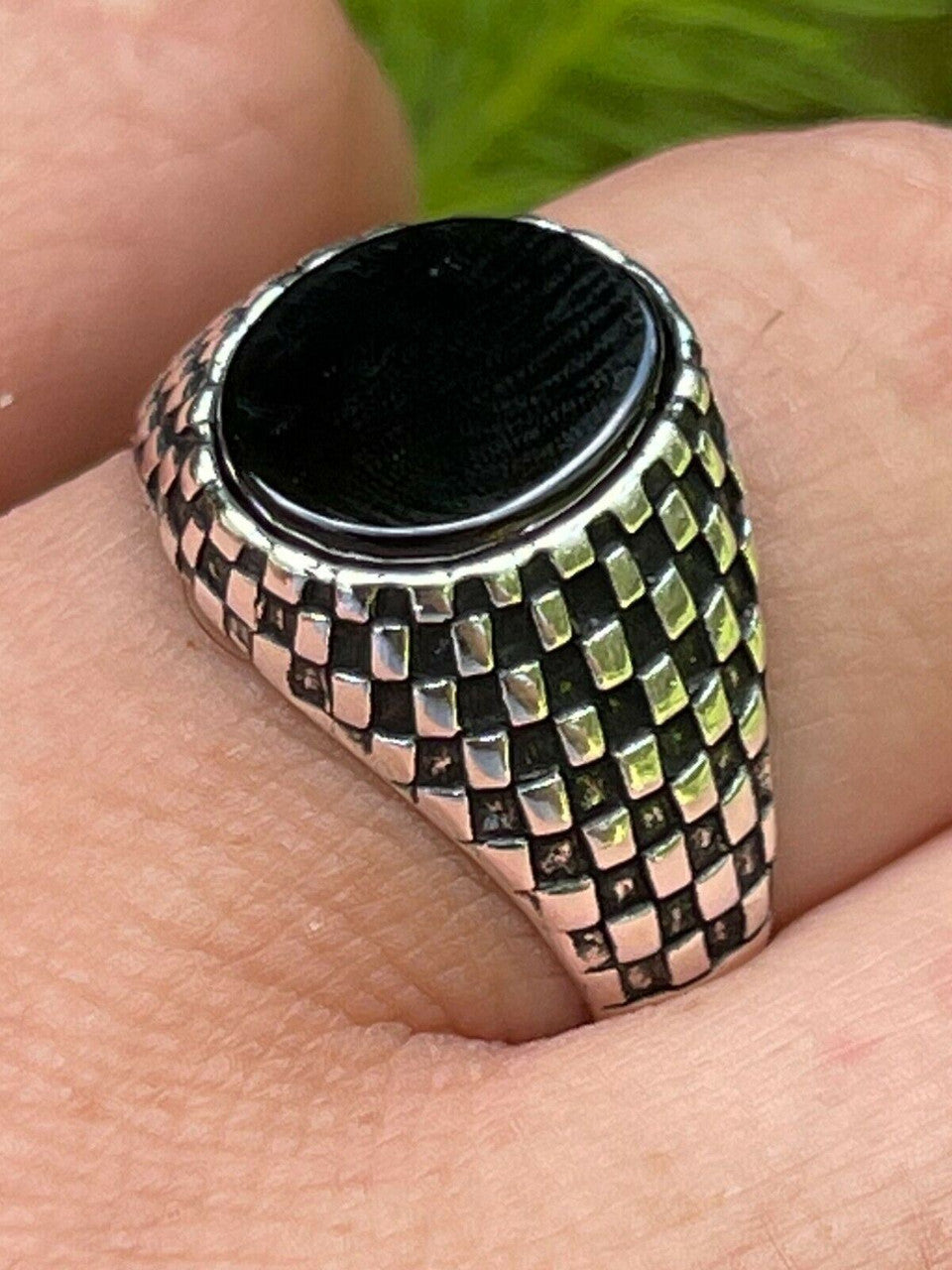 SILVER925 ONYX PLANE DESIGN RING/シルバーリング Mens Plain Real 925 Sterling Silver Black Onyx Stone Ring Pinky 7