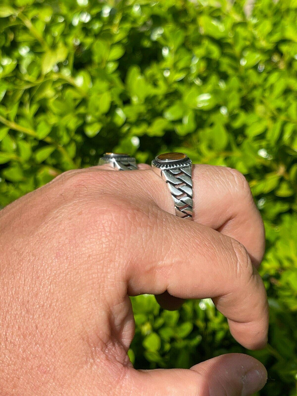 HarlemBling Mens Plain Real 925 Sterling Silver Black Tigers Eye Ring Miami Cuban Link Band