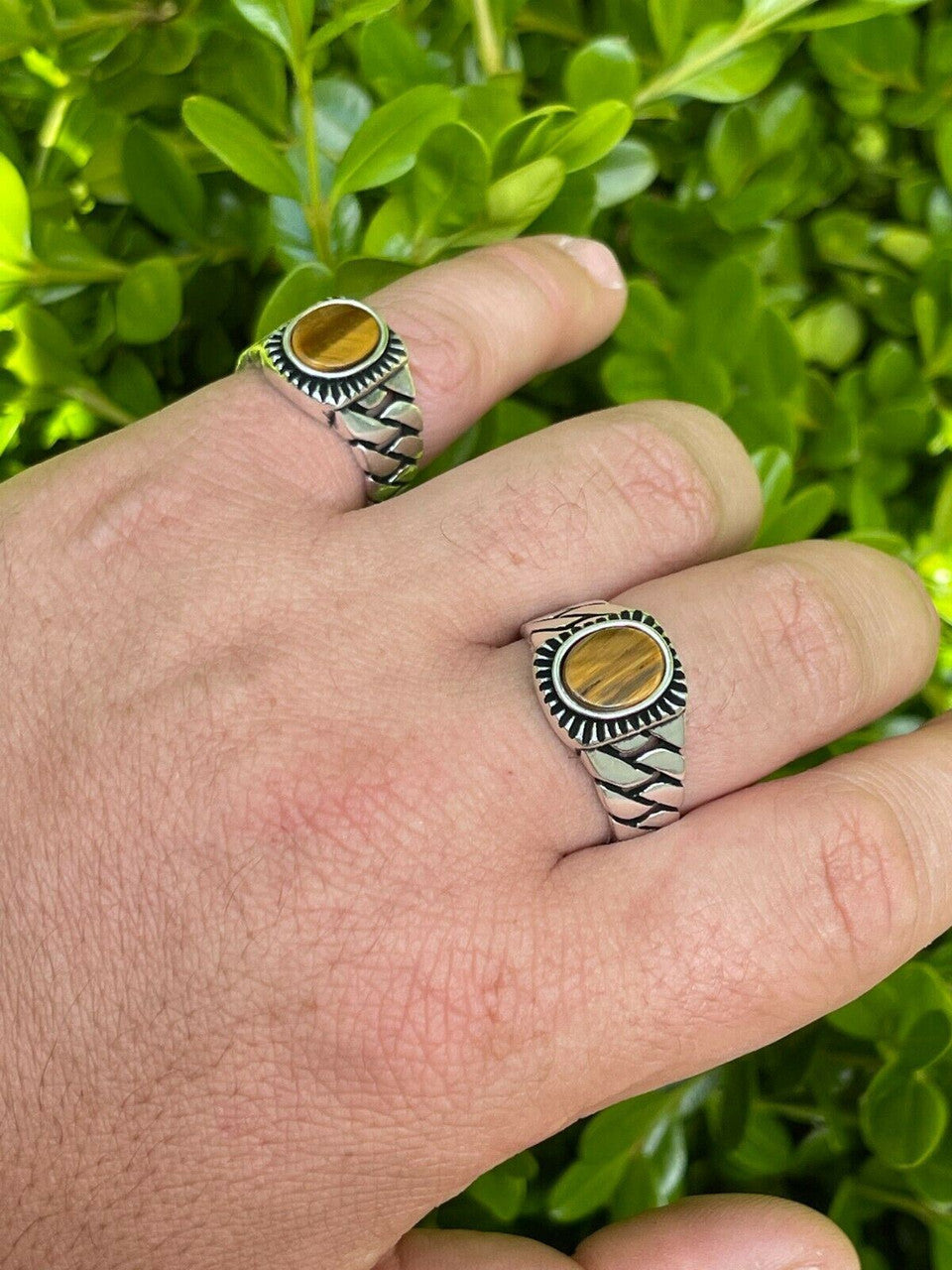 HarlemBling Mens Plain Real 925 Sterling Silver Black Tigers Eye Ring Miami Cuban Link Band