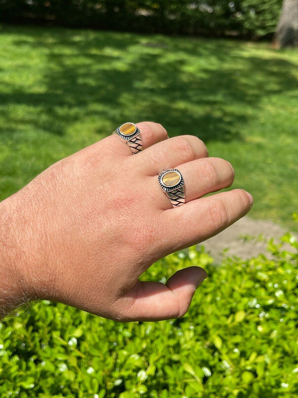 HarlemBling Mens Plain Real 925 Sterling Silver Black Tigers Eye Ring Miami Cuban Link Band