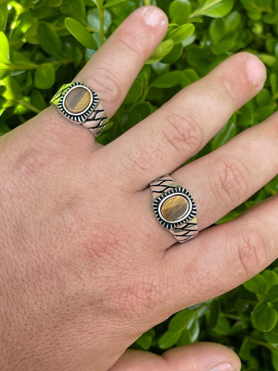 HarlemBling Mens Plain Real 925 Sterling Silver Black Tigers Eye Ring Miami Cuban Link Band