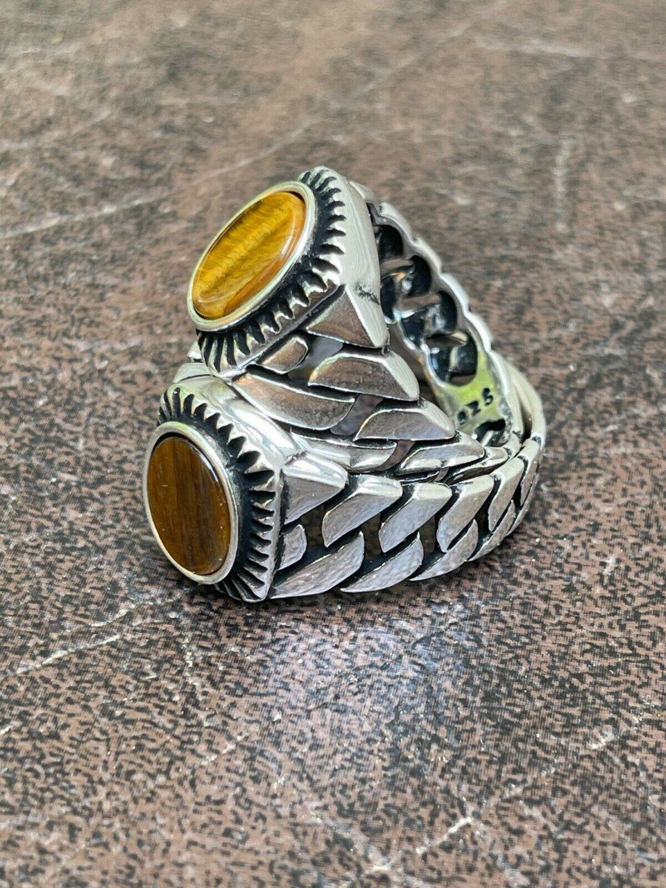 HarlemBling Mens Plain Real 925 Sterling Silver Black Tigers Eye Ring Miami Cuban Link Band