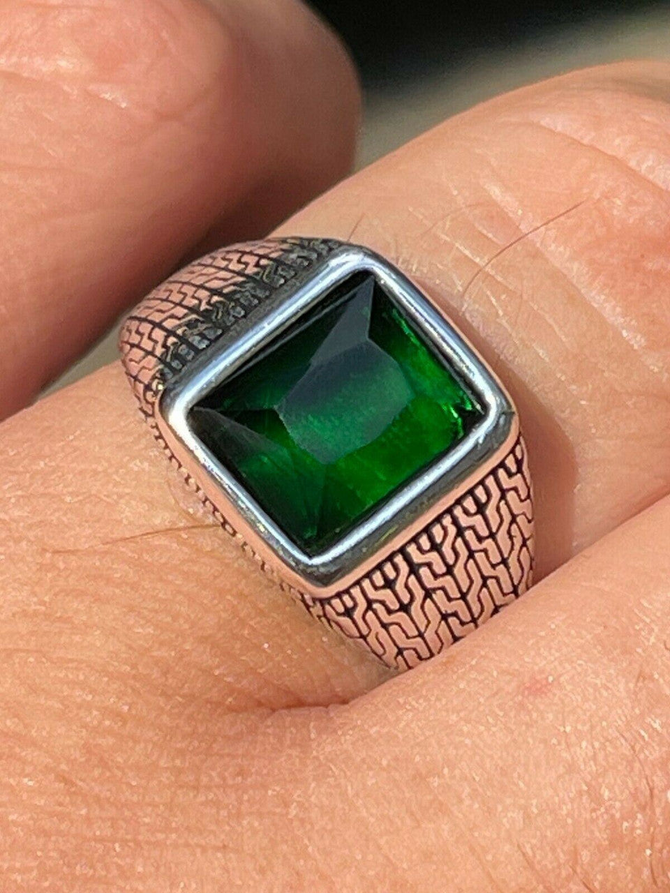 HarlemBling Mens Plain Real 925 Sterling Silver Green Emerald Stone Ring Size 7 8 9 10 11 12