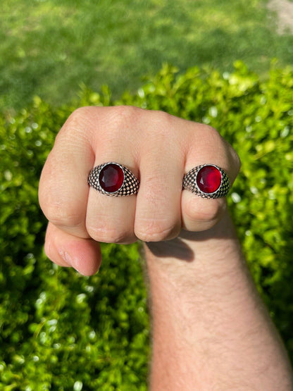 HarlemBling Mens Plain Real 925 Sterling Silver Ruby Red Stone Ring Pinky Or Signet Sz 7-13
