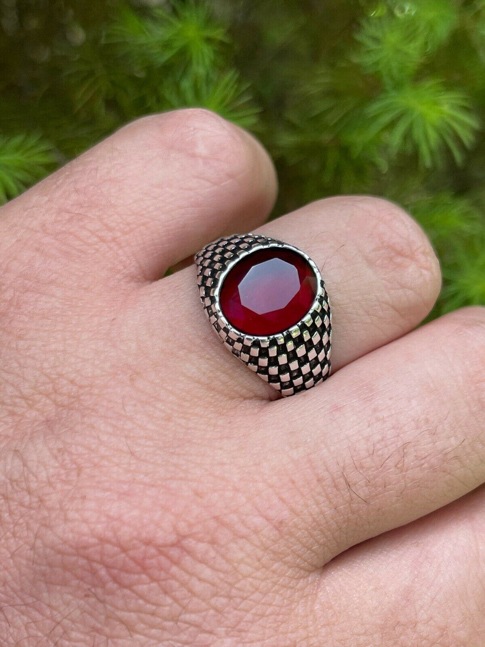 HarlemBling Mens Plain Real 925 Sterling Silver Ruby Red Stone Ring Pinky Or Signet Sz 7-13