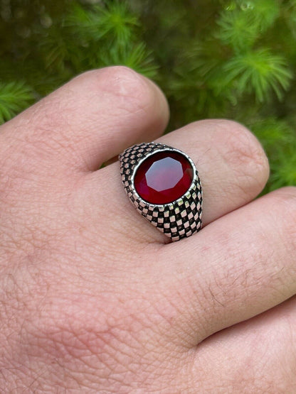 HarlemBling Mens Plain Real 925 Sterling Silver Ruby Red Stone Ring Pinky Or Signet Sz 7-13