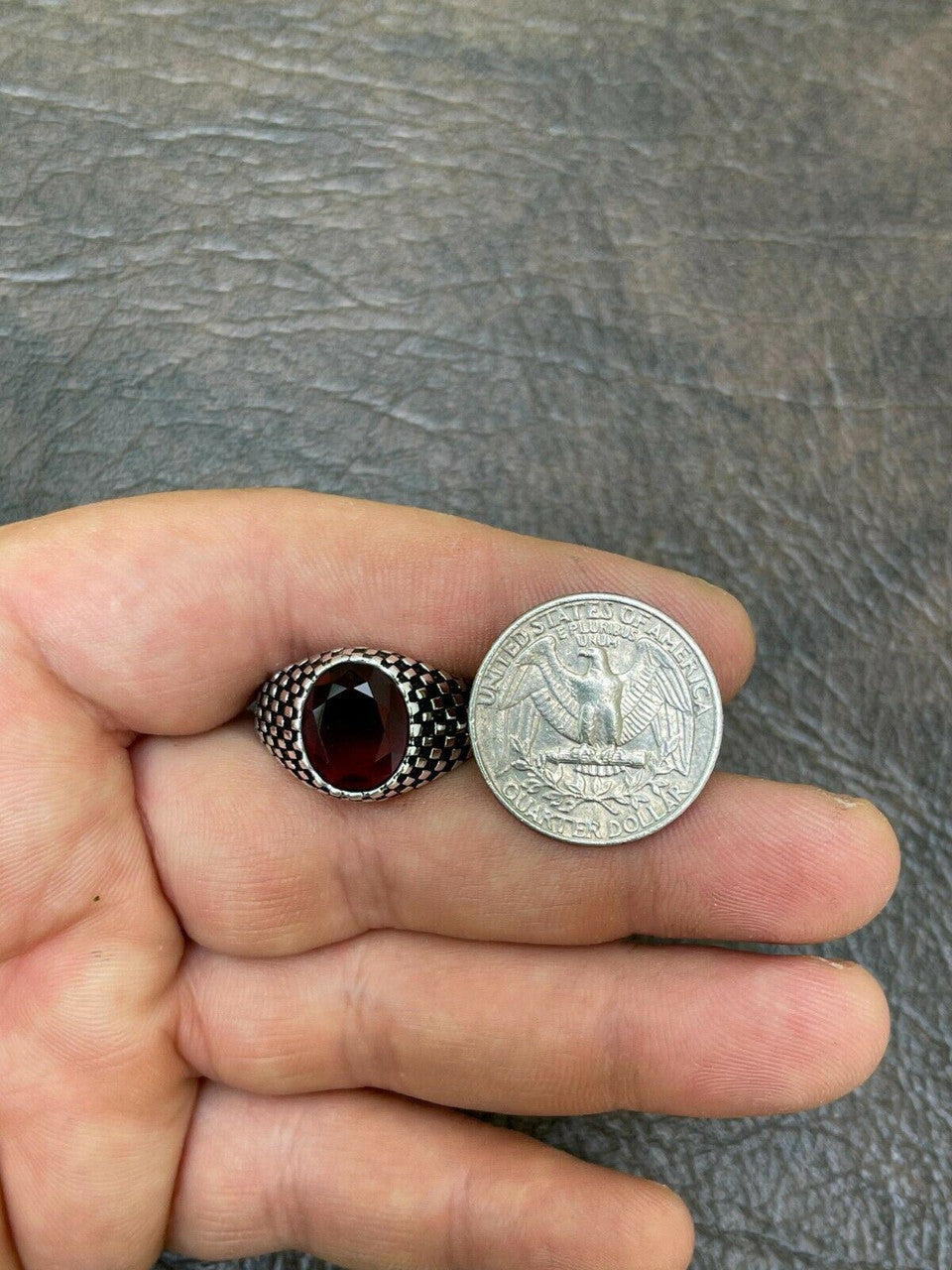 HarlemBling Mens Plain Real 925 Sterling Silver Ruby Red Stone Ring Pinky Or Signet Sz 7-13