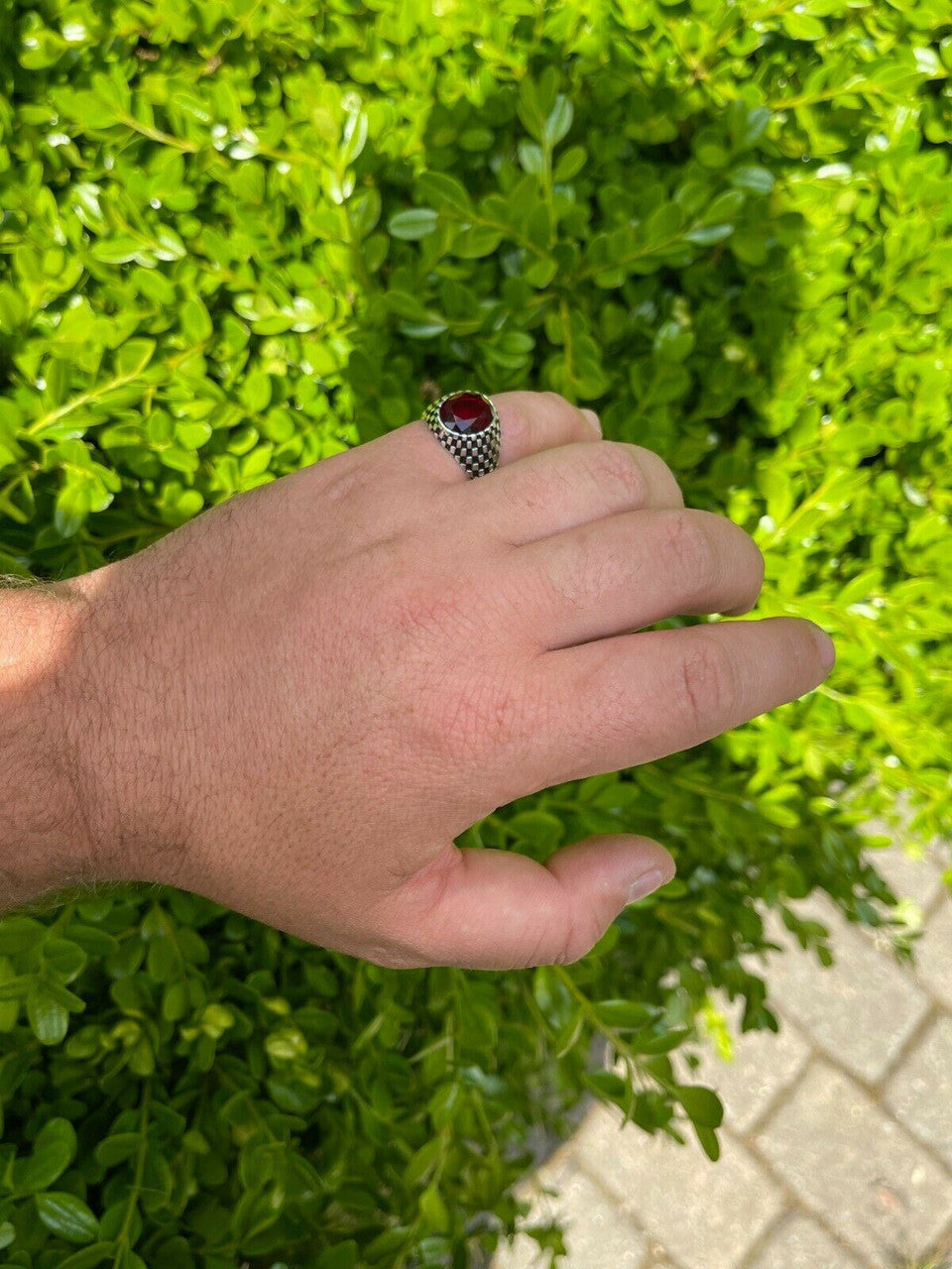 HarlemBling Mens Plain Real 925 Sterling Silver Ruby Red Stone Ring Pinky Or Signet Sz 7-13