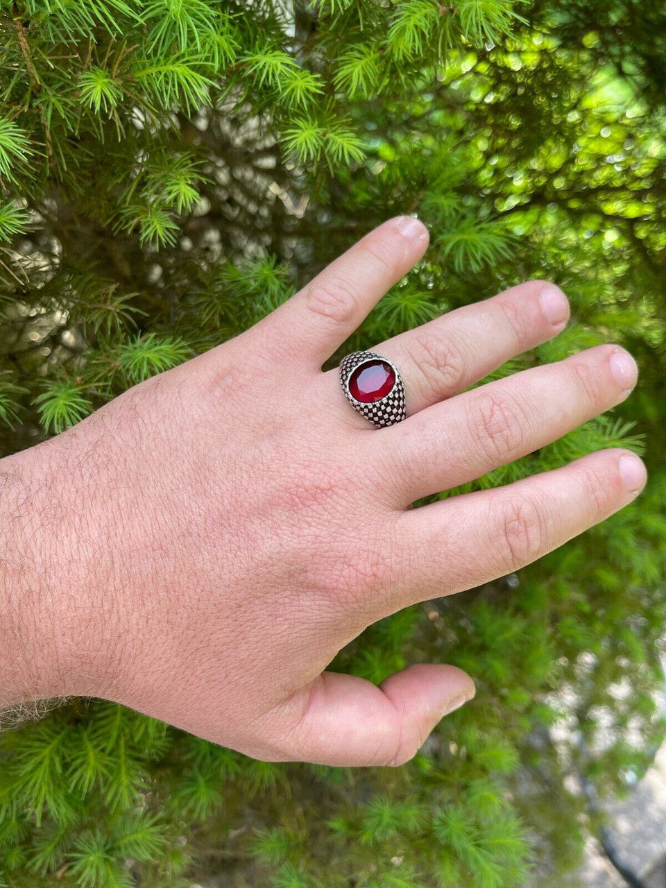 HarlemBling Mens Plain Real 925 Sterling Silver Ruby Red Stone Ring Pinky Or Signet Sz 7-13
