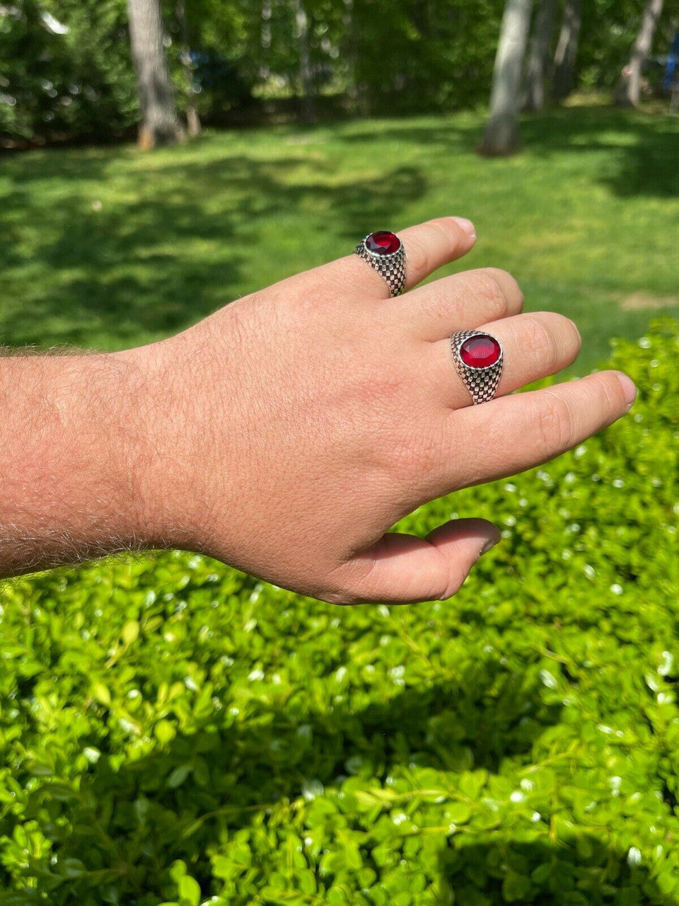 HarlemBling Mens Plain Real 925 Sterling Silver Ruby Red Stone Ring Pinky Or Signet Sz 7-13