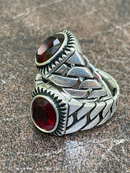 HarlemBling Mens Plain Real 925 Sterling Silver Ruby Red Stone Ring W Miami Cuban Link Band