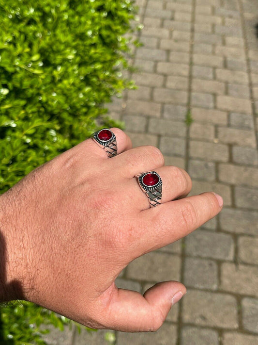 HarlemBling Mens Plain Real 925 Sterling Silver Ruby Red Stone Ring W Miami Cuban Link Band