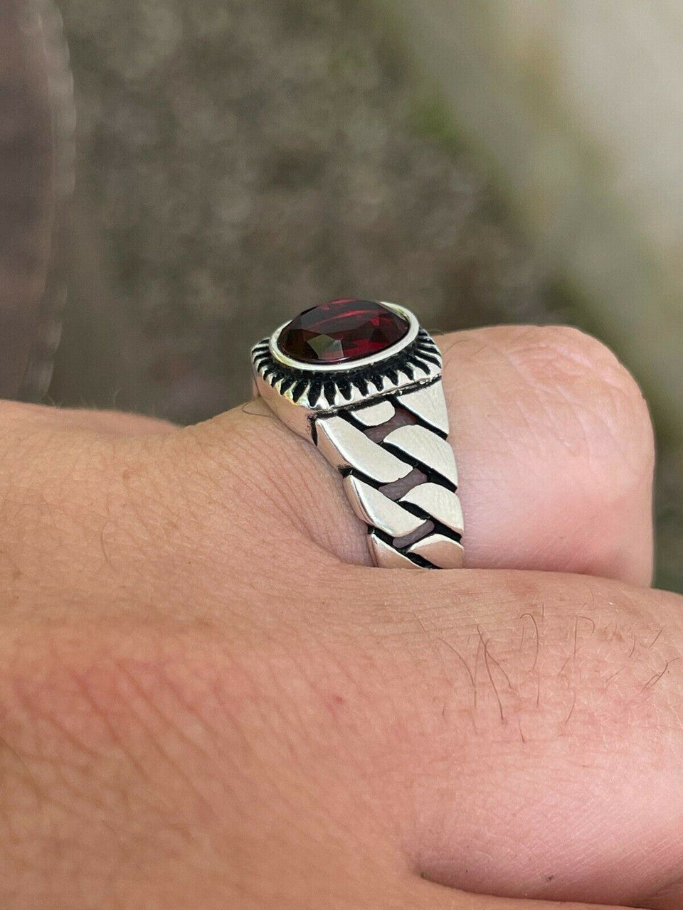 HarlemBling Mens Plain Real 925 Sterling Silver Ruby Red Stone Ring W Miami Cuban Link Band