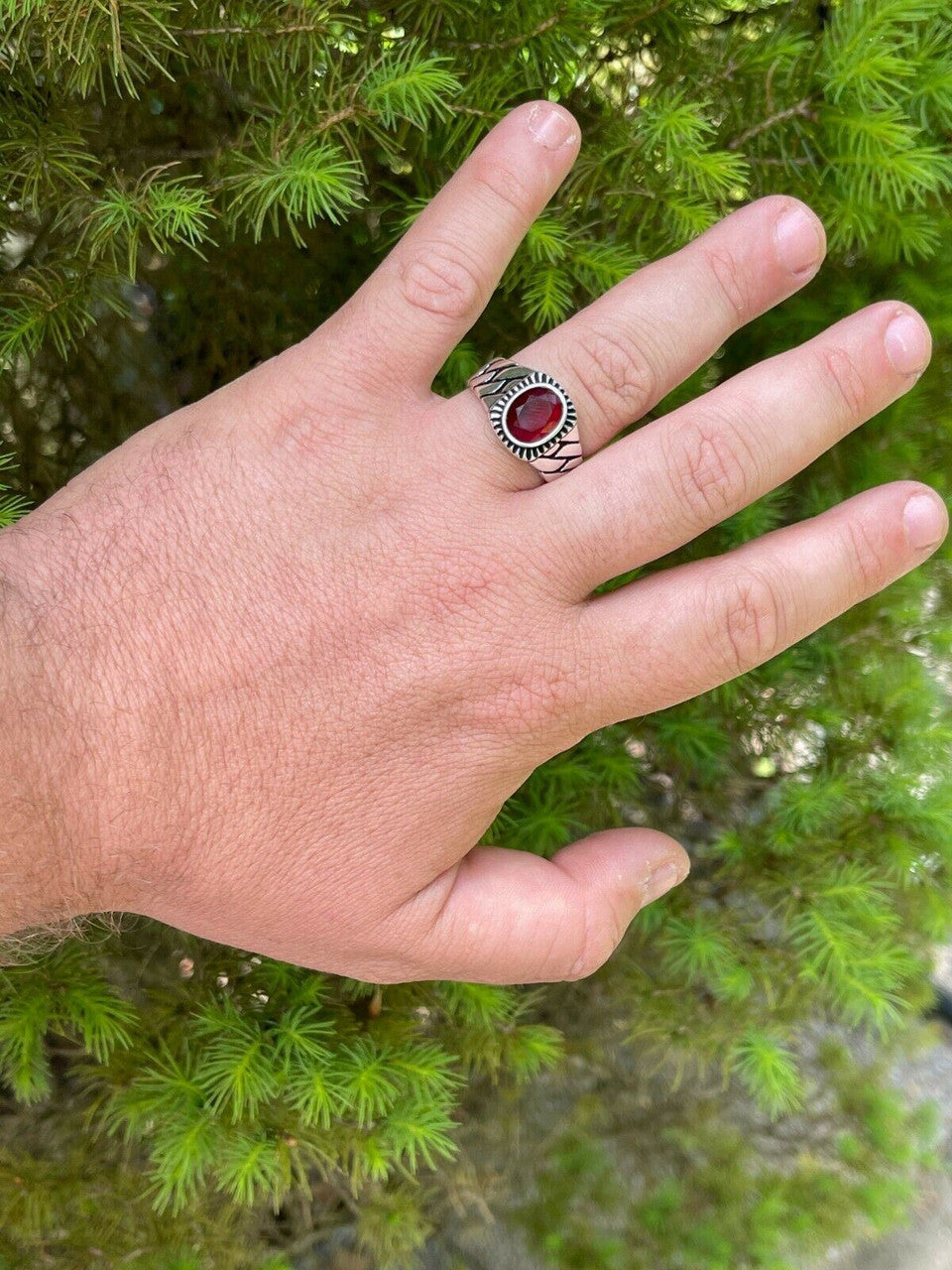 HarlemBling Mens Plain Real 925 Sterling Silver Ruby Red Stone Ring W Miami Cuban Link Band