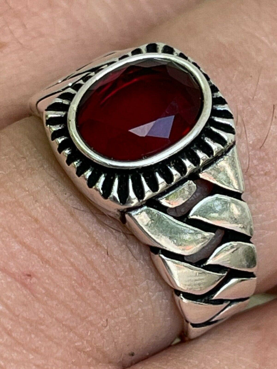 HarlemBling Mens Plain Real 925 Sterling Silver Ruby Red Stone Ring W Miami Cuban Link Band