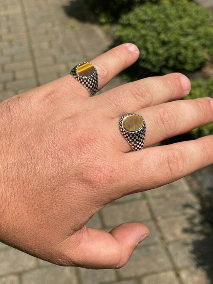 HarlemBling Mens Plain Real 925 Sterling Silver Tiger Eye Stone Ring Pinky 7 8 9 10 11 12 13