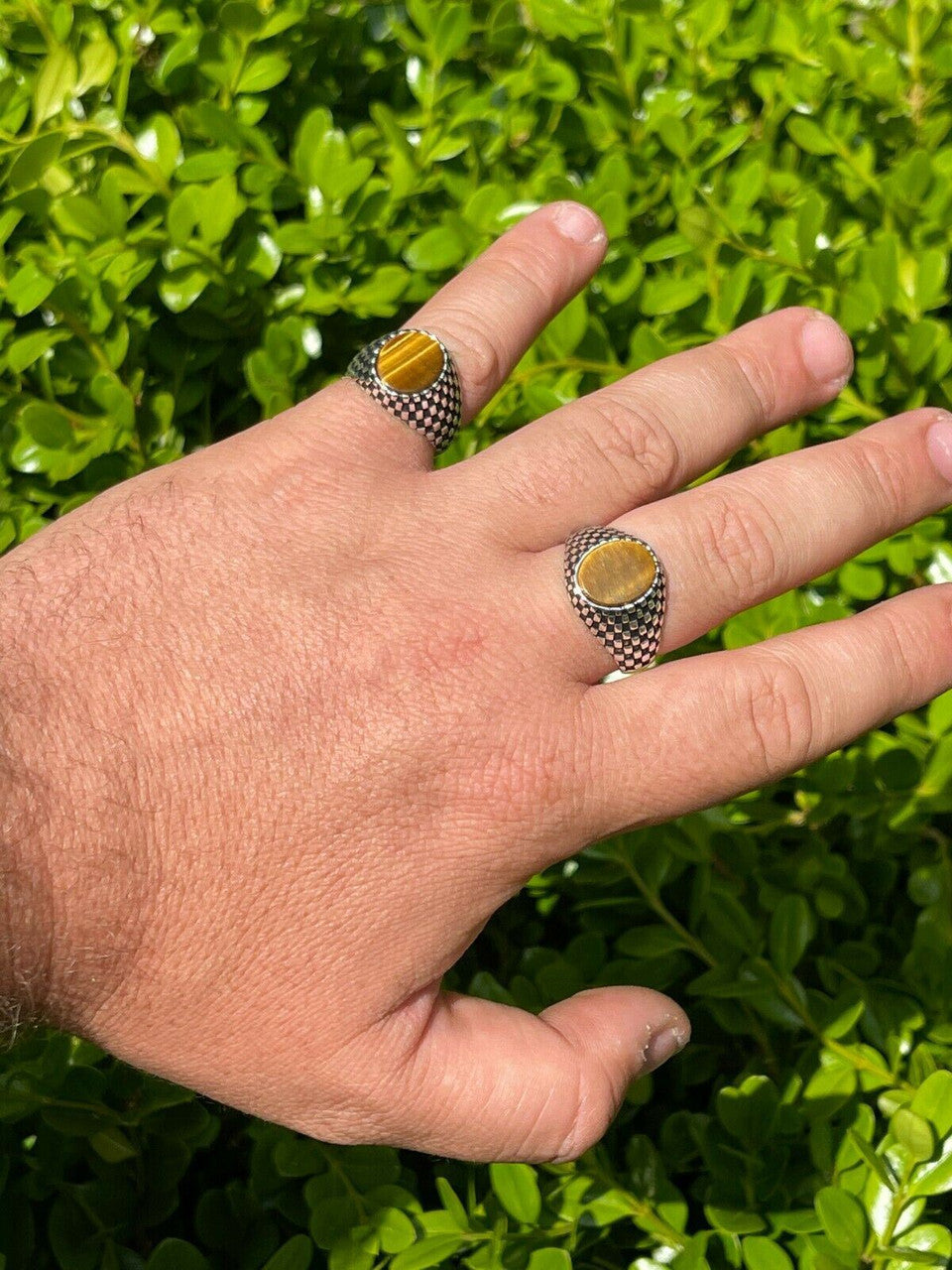 HarlemBling Mens Plain Real 925 Sterling Silver Tiger Eye Stone Ring Pinky 7 8 9 10 11 12 13