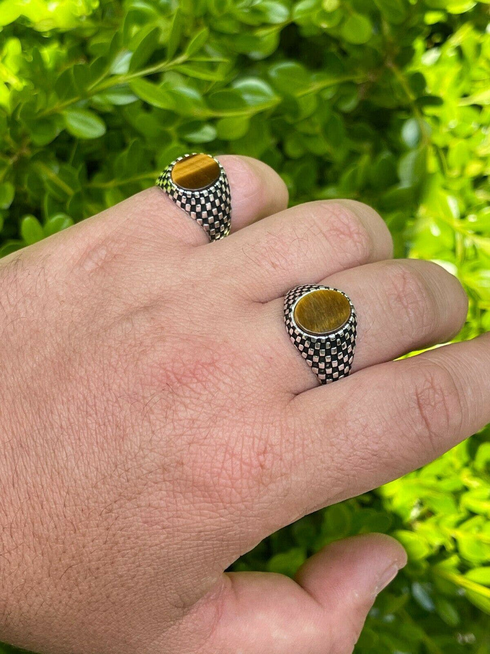 HarlemBling Mens Plain Real 925 Sterling Silver Tiger Eye Stone Ring Pinky 7 8 9 10 11 12 13