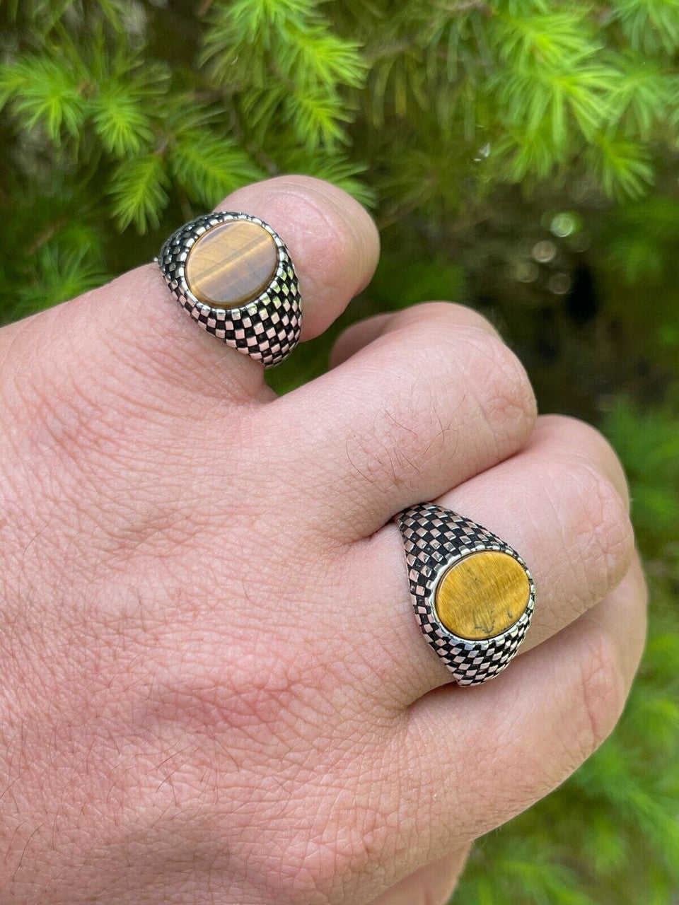 HarlemBling Mens Plain Real 925 Sterling Silver Tiger Eye Stone Ring Pinky 7 8 9 10 11 12 13