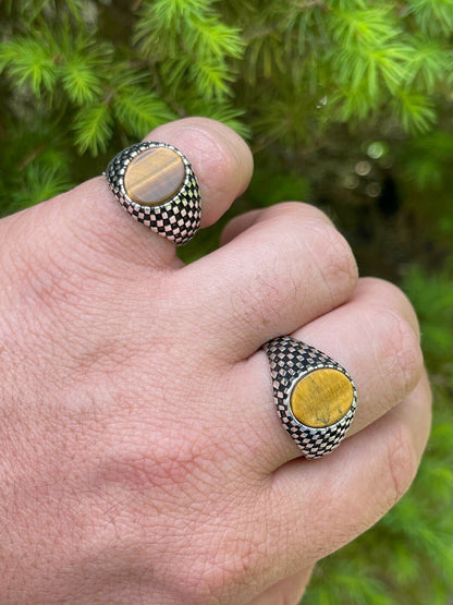 HarlemBling Mens Plain Real 925 Sterling Silver Tiger Eye Stone Ring Pinky 7 8 9 10 11 12 13