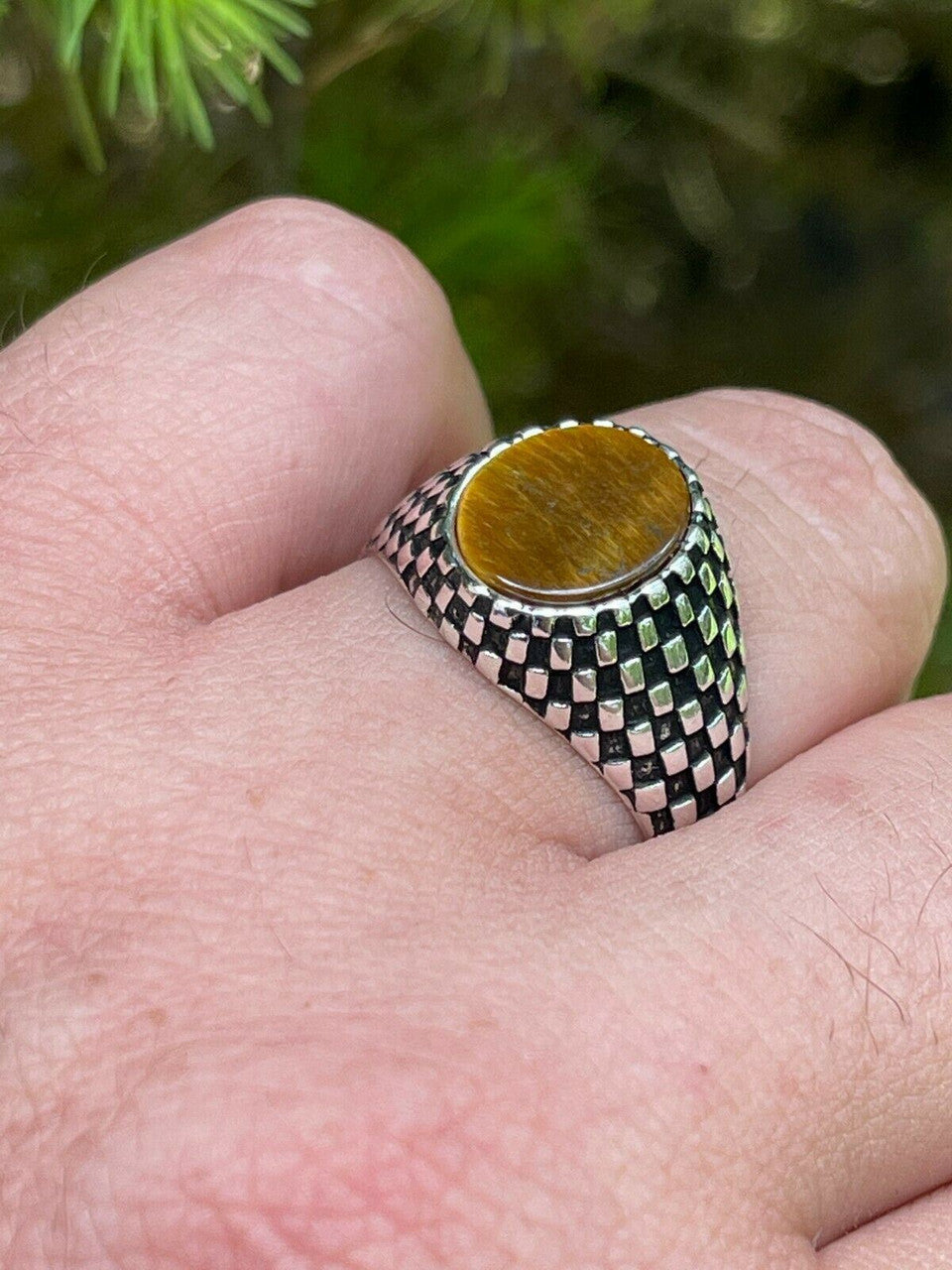 HarlemBling Mens Plain Real 925 Sterling Silver Tiger Eye Stone Ring Pinky 7 8 9 10 11 12 13