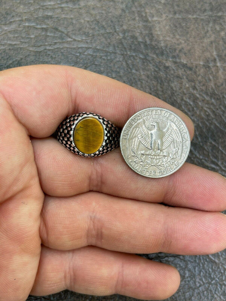 HarlemBling Mens Plain Real 925 Sterling Silver Tiger Eye Stone Ring Pinky 7 8 9 10 11 12 13