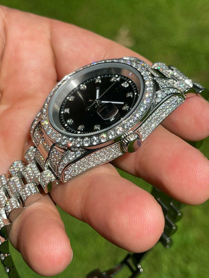 HarlemBling Mens Presidential Stainless 41mm Watch Fully Iced 12ct Flooded Out Diamond Bling