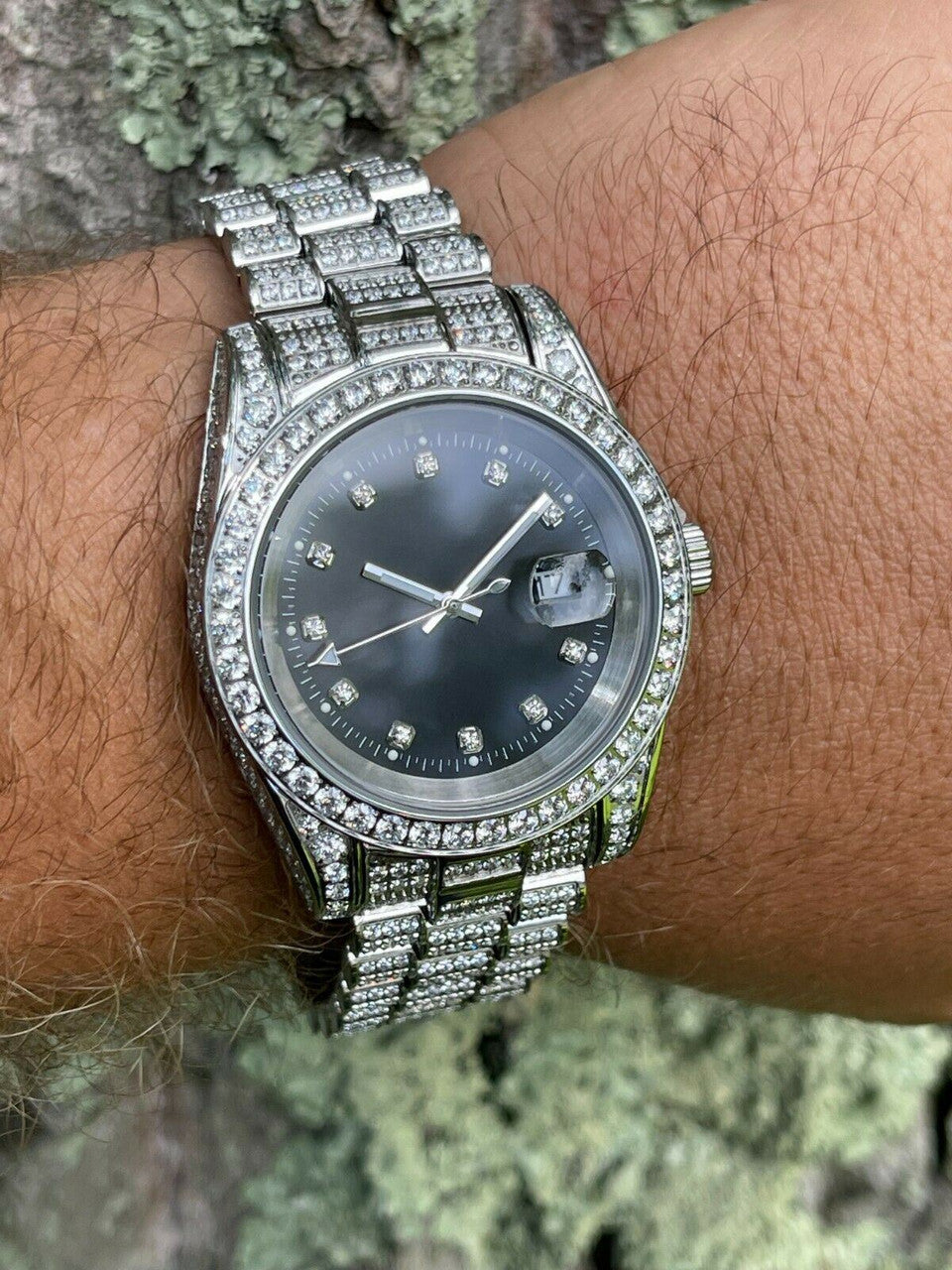 HarlemBling Mens Presidential Stainless 41mm Watch Fully Iced 12ct Flooded Out Diamond Bling