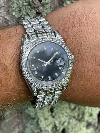 HarlemBling Mens Presidential Stainless 41mm Watch Fully Iced 12ct Flooded Out Diamond Bling