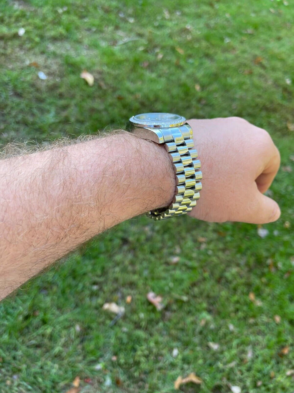 HarlemBling Mens Presidential Stainless Blue Face Iced Bezel 41mm Automatic Movement Watch