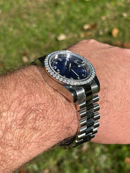 HarlemBling Mens Presidential Stainless Blue Face Iced Bezel 41mm Automatic Movement Watch