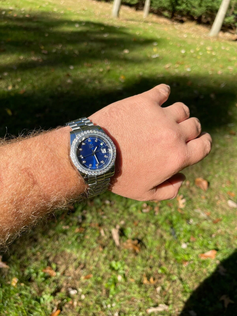 HarlemBling Mens Presidential Stainless Blue Face Iced Bezel 41mm Automatic Movement Watch