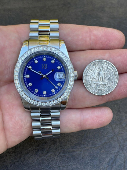 HarlemBling Mens Presidential Stainless Blue Face Iced Bezel 41mm Automatic Movement Watch