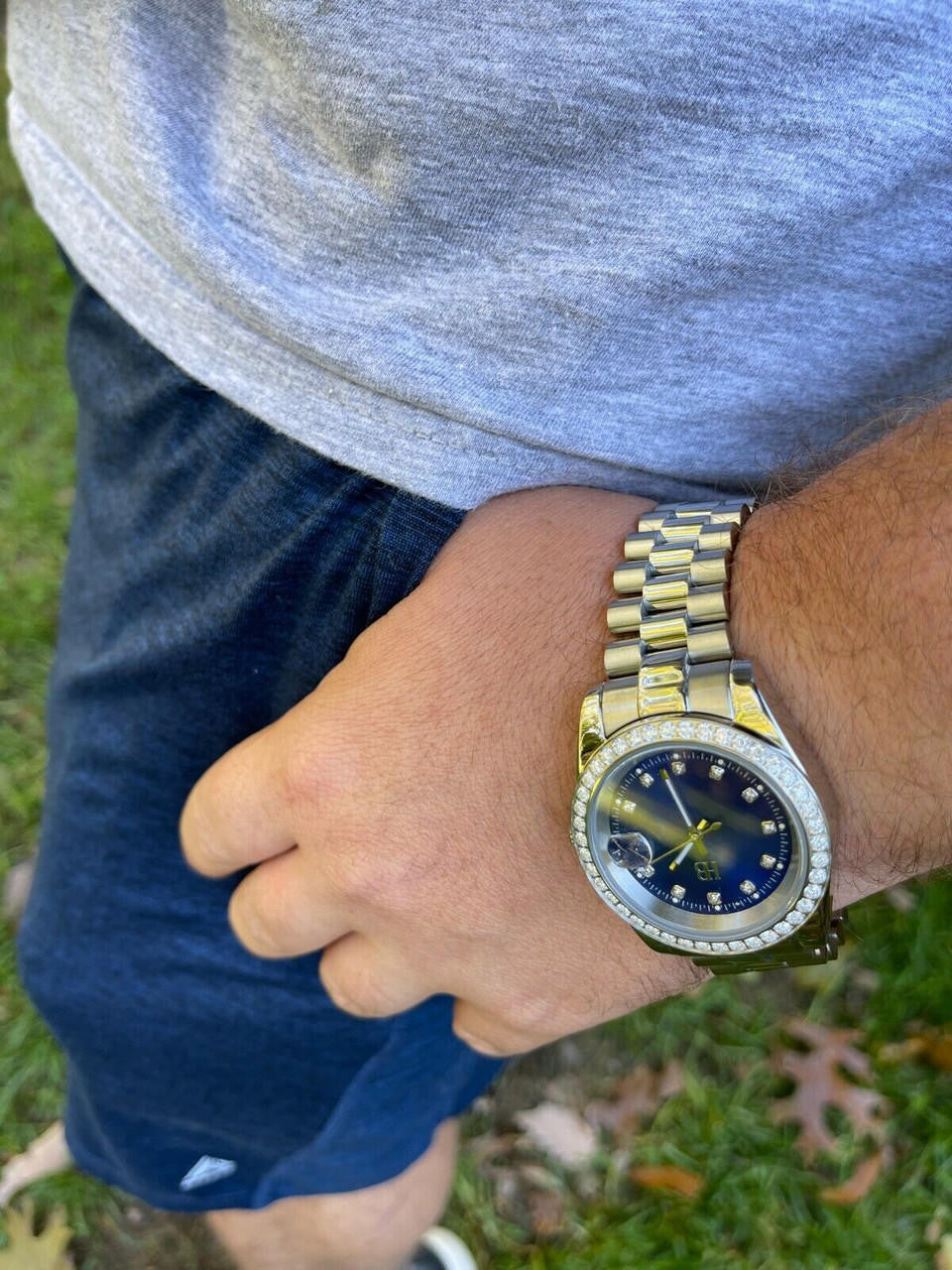 HarlemBling Mens Presidential Stainless Blue Face Iced Bezel 41mm Automatic Movement Watch