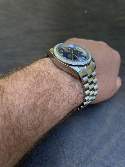 HarlemBling Mens Presidential Stainless Blue Face Iced Bezel 41mm Automatic Movement Watch