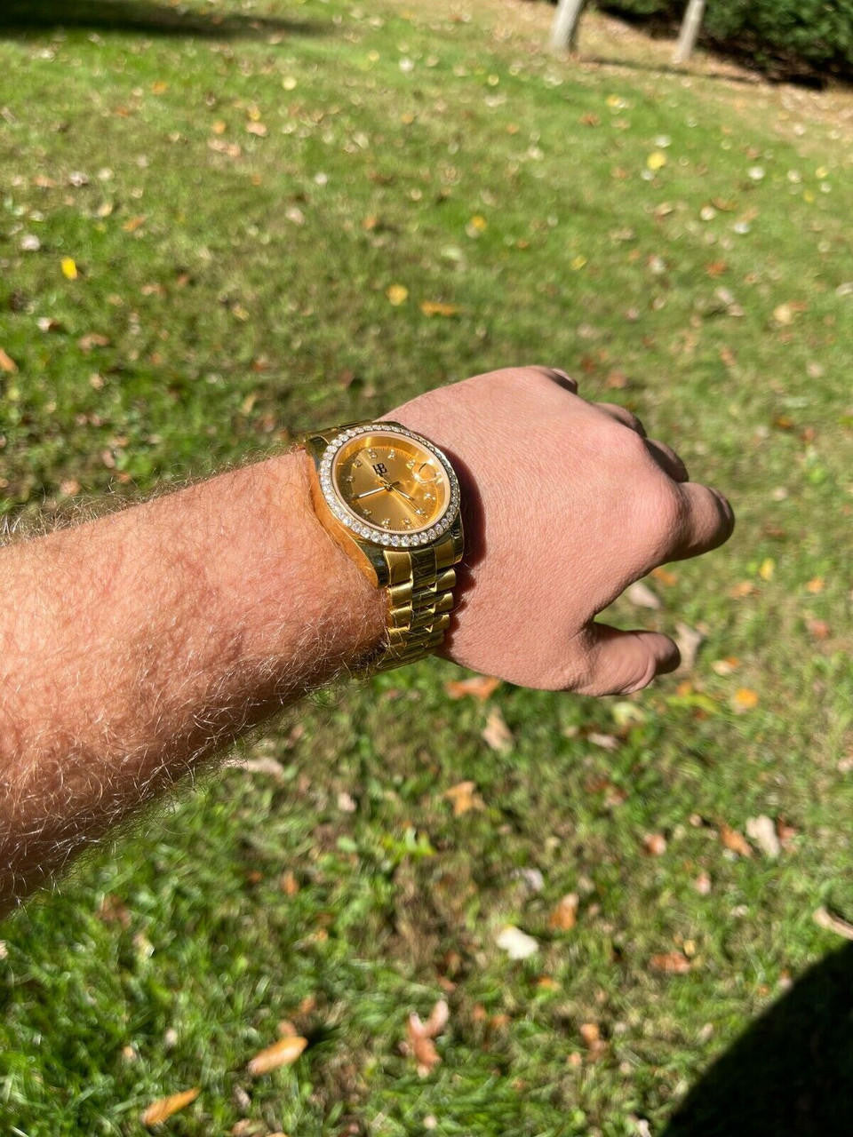 HarlemBling Mens Presidential Stainless Gold Plated Iced Bezel 41mm Automatic Movement Watch