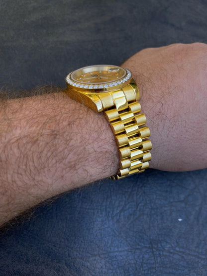 HarlemBling Mens Presidential Stainless Gold Plated Iced Bezel 41mm Automatic Movement Watch