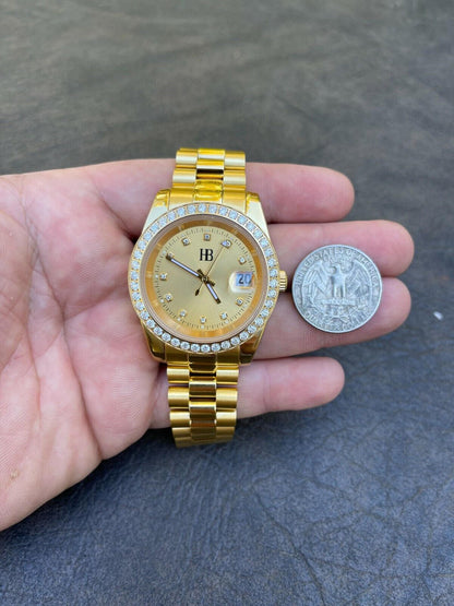 HarlemBling Mens Presidential Stainless Gold Plated Iced Bezel 41mm Automatic Movement Watch