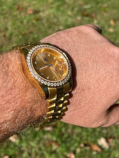 HarlemBling Mens Presidential Stainless Gold Plated Iced Bezel 41mm Automatic Movement Watch