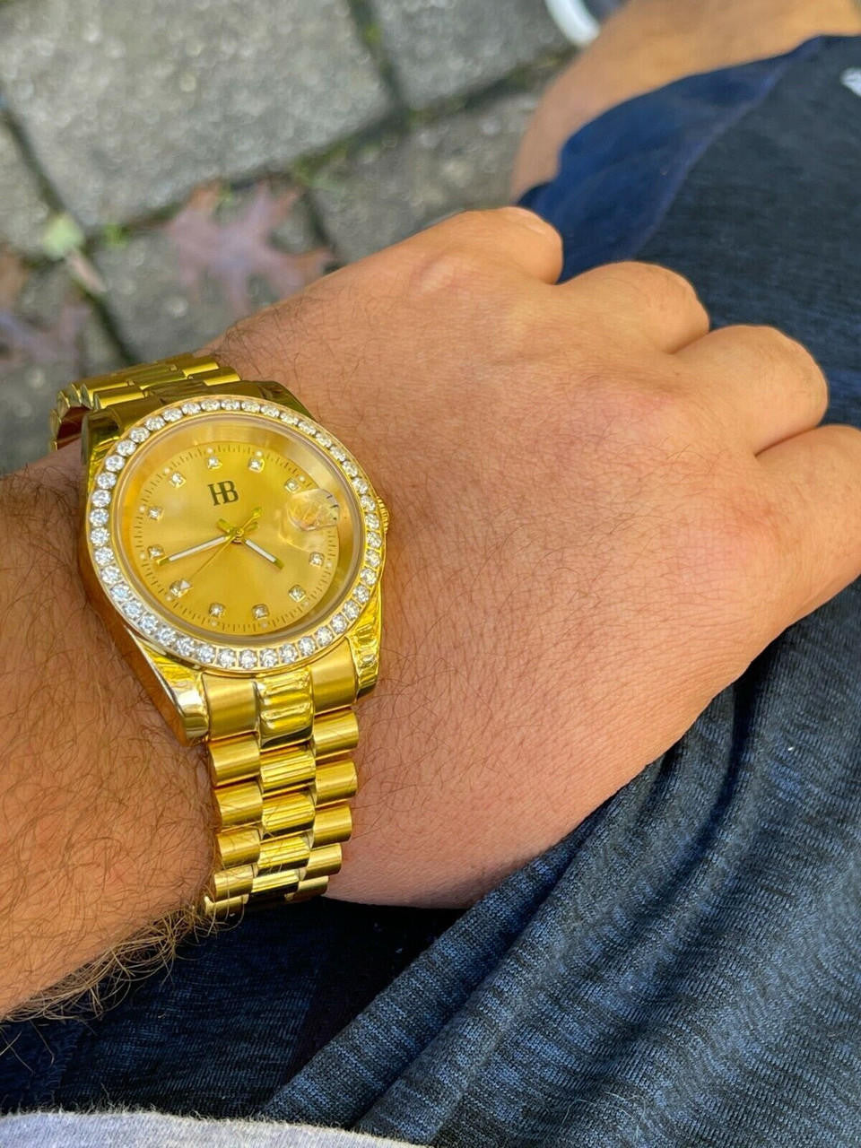 HarlemBling Mens Presidential Stainless Gold Plated Iced Bezel 41mm Automatic Movement Watch