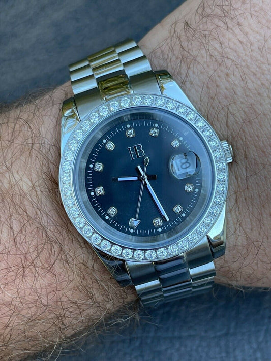 HarlemBling Mens Presidential Stainless Iced 3.3ct Moissanite Watch Pass Diamond Tester 41mm