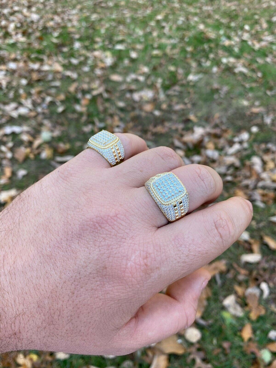 HarlemBling Mens Real 14k Gold and 925 Sterling Silver Ring Real Icy Cluster Hip Hop Pinky