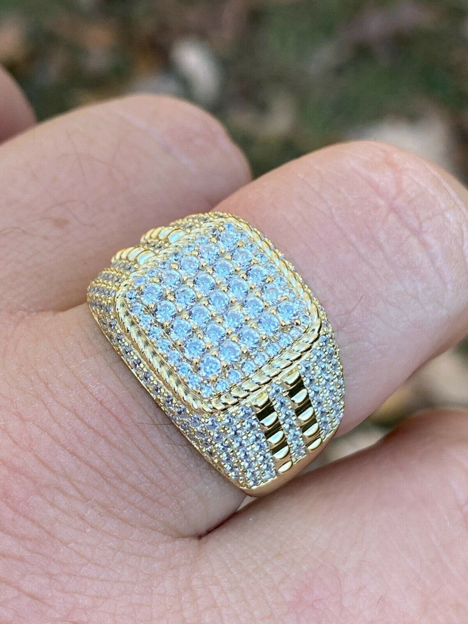 HarlemBling Mens Real 14k Gold and 925 Sterling Silver Ring Real Icy Cluster Hip Hop Pinky
