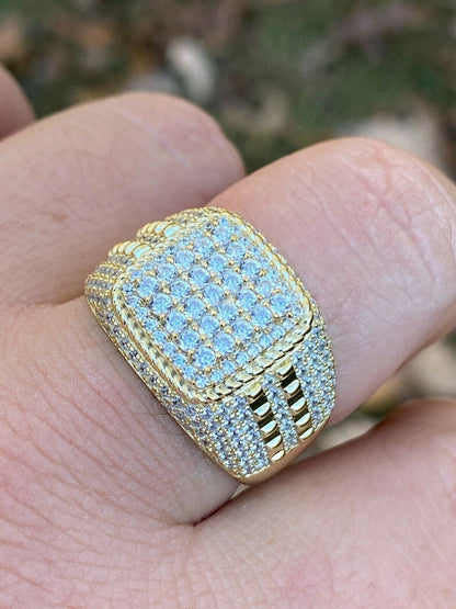 HarlemBling Mens Real 14k Gold and 925 Sterling Silver Ring Real Icy Cluster Hip Hop Pinky