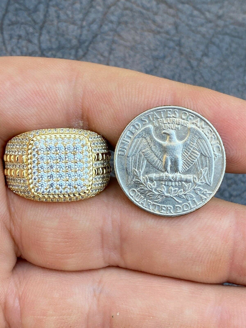 HarlemBling Mens Real 14k Gold and 925 Sterling Silver Ring Real Icy Cluster Hip Hop Pinky