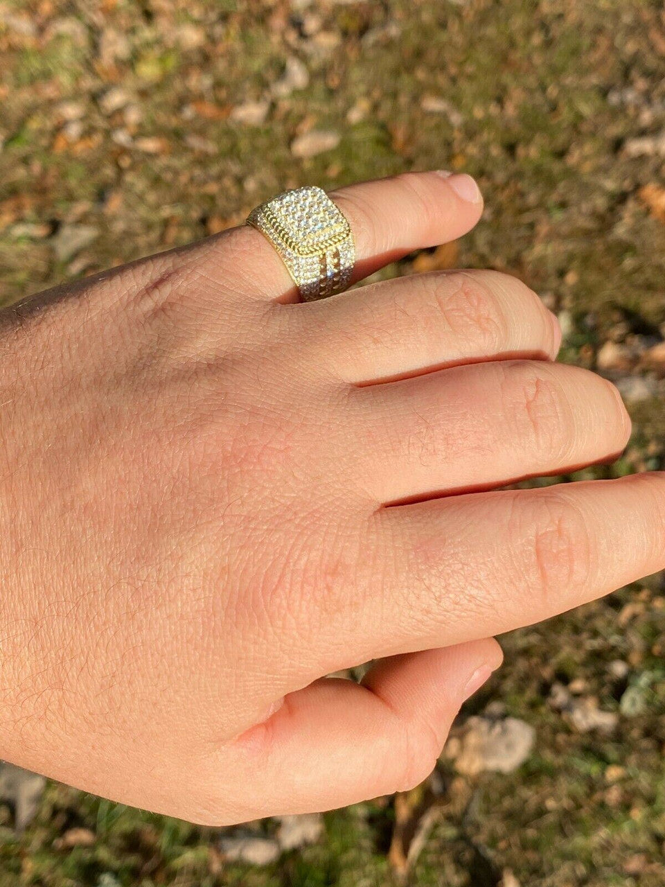 HarlemBling Mens Real 14k Gold and 925 Sterling Silver Ring Real Icy Cluster Hip Hop Pinky