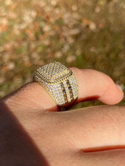 HarlemBling Mens Real 14k Gold and 925 Sterling Silver Ring Real Icy Cluster Hip Hop Pinky