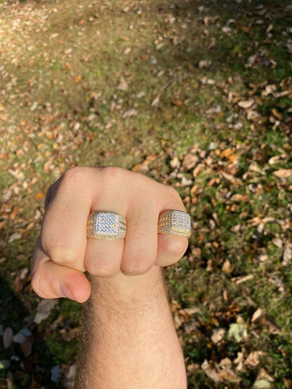 HarlemBling Mens Real 14k Gold and 925 Sterling Silver Ring Real Icy Cluster Hip Hop Pinky